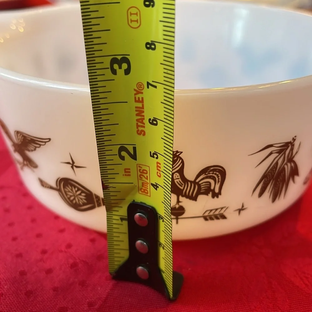 Vintage Pyrex White Mixing Bowl with Brown Farmhouse Design